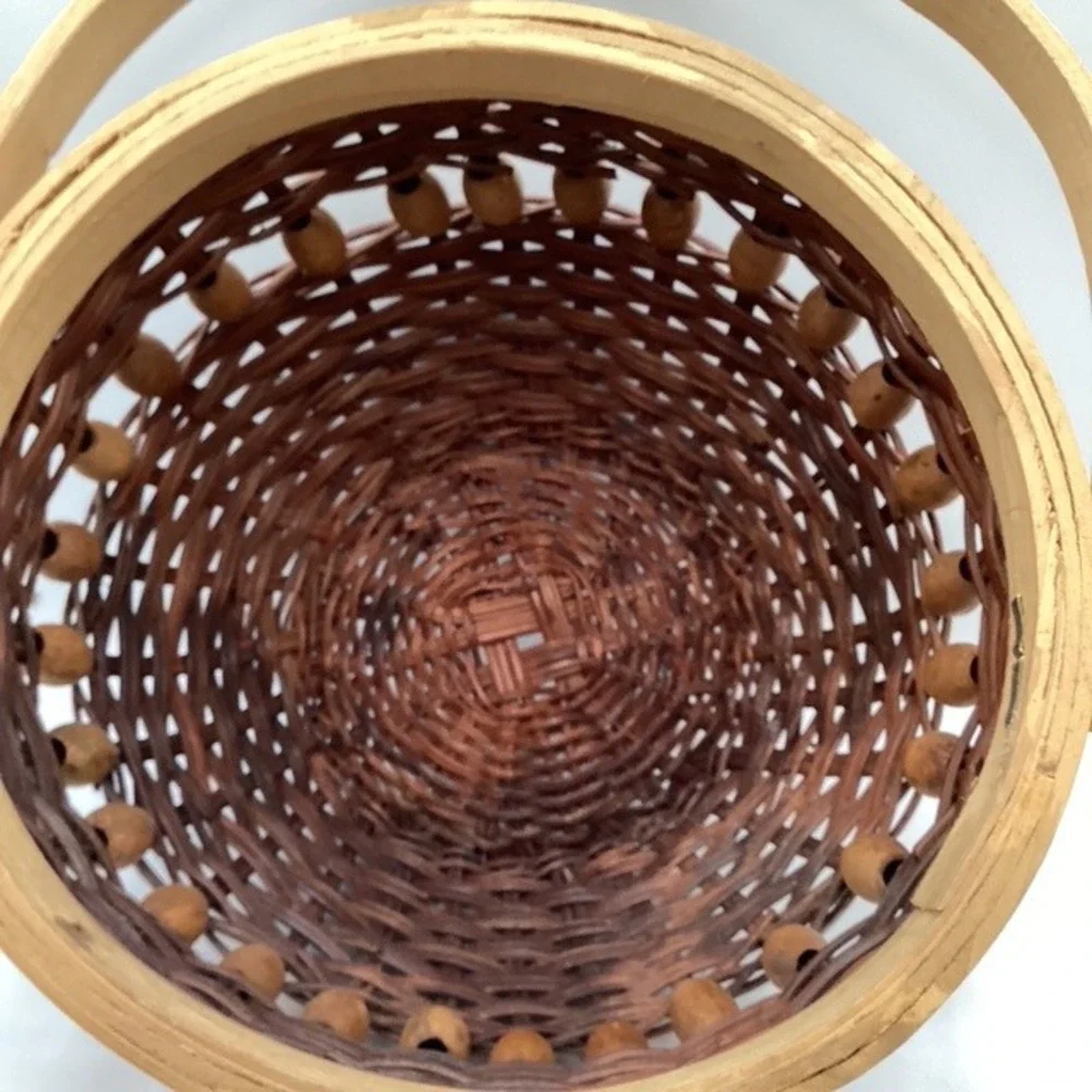 Rustic Wicker Basket Wood Handle Decorative Beads 6